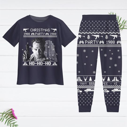 Nakatomi Plaza Christmas Pajamas Set, Christmas Party 1988 T-Shirt And Pants, Die Hard Xmas Pajama, Bruce Willis Pj, 80s US Movie Shirt