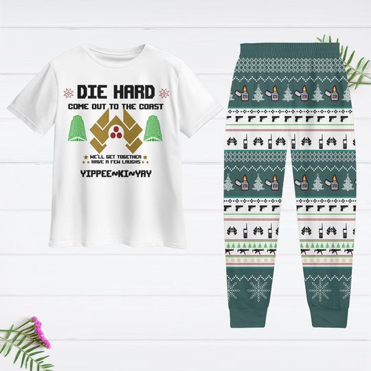 Die Hard Christmas Pajamas Set, Yippee Ki Yay Holiday Pajamas, Nakatomi Plaza T-Shirt And Pants, Pajamas Family, Xmas Gift For Her Him