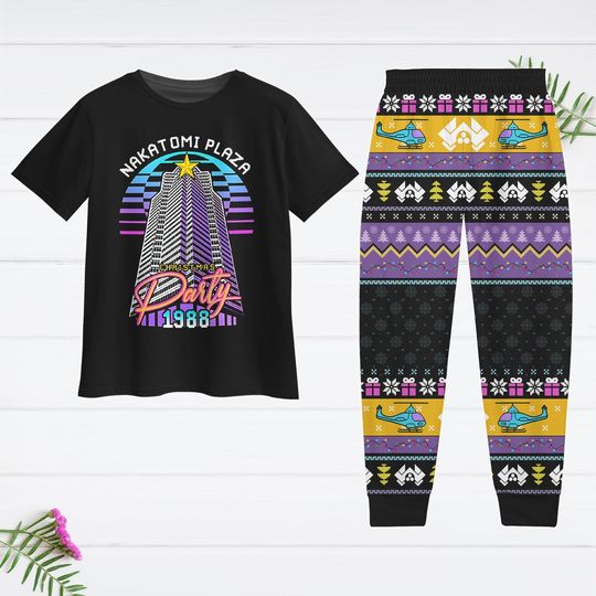 Nakatomi Plaza T-Shirt And Pants, 1988 Christmas Pajamas Set, Retro Party Sleepwear, Nakatomi Pajamas Family, Xmas Holiday Gifts