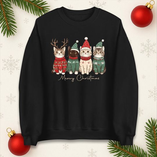Discover Meowy Christmas Jumper, Xmas Festive Tee Top, Pet Lovers Xmas T Shirt, Cat Lover Xmas Hoodie, Xmas Gift Top