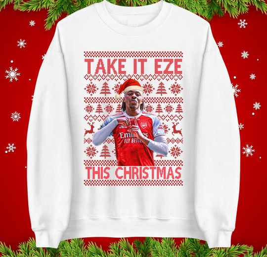 Discover Take It Eze Christmas Jumper Hoodie T-Shirt, Funny Football Xmas Sweatshirt, Arsenal Inspired Festive Gift, Ugly Christmas Tee