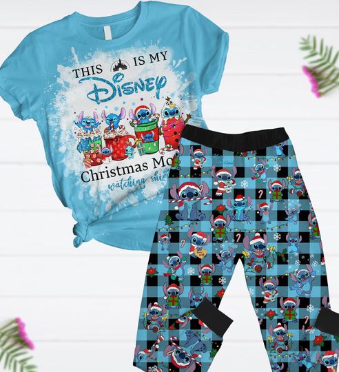Discover Christmas Stitch Pajamas Set, Lilo And Stitch T-Shirt And Pants, This Is My Disney Christmas Movie Watching Shirt, Disney Cartoon Shirt