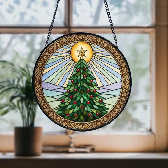 Discover Golden Sun Christmas Tree Stained Glass Suncatcher – Festive Window Decor