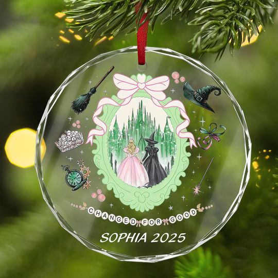Wicked Musical Glass Ornament, Wicked Movie Christmas Ornament, Wicked Glinda Elphaba Green & Pink Ornament, Changed For Good Christmas Gift