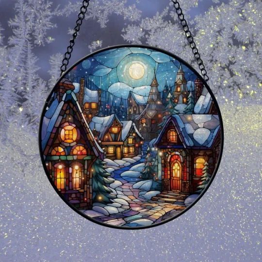 Discover Village Christmas Round Stained Glass – Winter Blue Suncatcher Window Decor