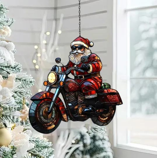 Discover Santa Claus Riding Motorcycle Acrylic Suncatcher, Christmas Gift Santa Ornament