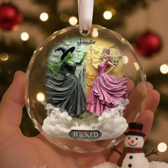 Personalized Pink Green Wicked Glass Ornament, Witch Glass Ornament, Wiccan Ornament, Wicked Changed for Good Ornament, Glinda and Elphaba