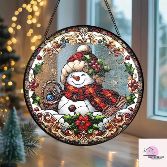 Discover Cozy Snowman Stained Glass Suncatcher Christmas Window Decor