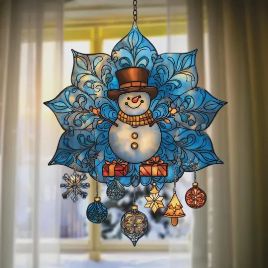 Discover Snowman and Snowflake Acrylic Suncatcher Faux Stained Glass Ornament for Christmas