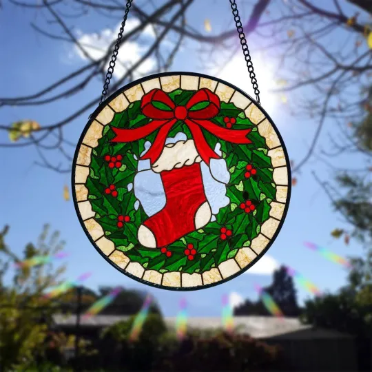 Discover Stained Glass Christmas Stocking Suncatcher Holiday Wreath Window Decor