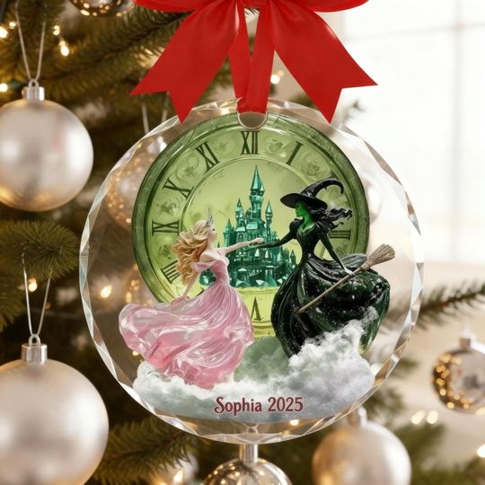Personalized Wicked Themed Ornament with Name, Emerald Castle Fantasy Ornament,  Elphaba and Glinda Besties, Gift for Musical Theater Fans