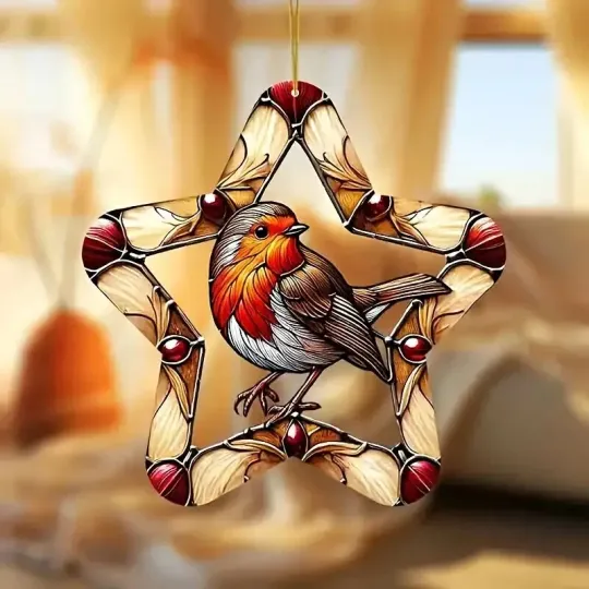 Robin Star Large Christmas Suncatcher, Stained Glass Effect Home Decor