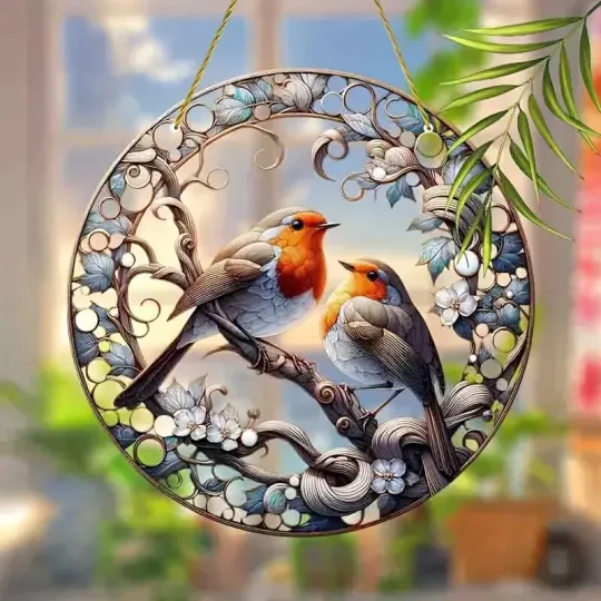 Twin Robin Tree Suncatcher with Stained Glass Effect Home Decor Christmas Gift