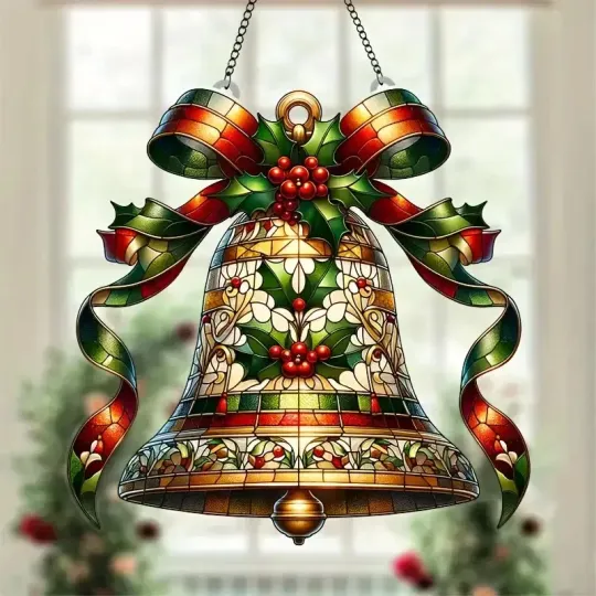 Discover Christmas Bell Holly Ribbon Suncatcher with Stained Glass Effect Decor