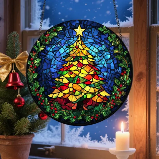Discover Christmas Tree Stained Glass Suncatcher Ornament
