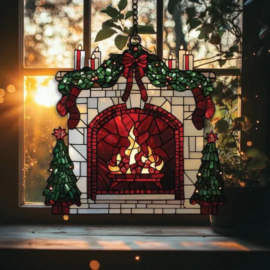 Discover Christmas Fireplace Stained Glass Suncatcher Window Hanging