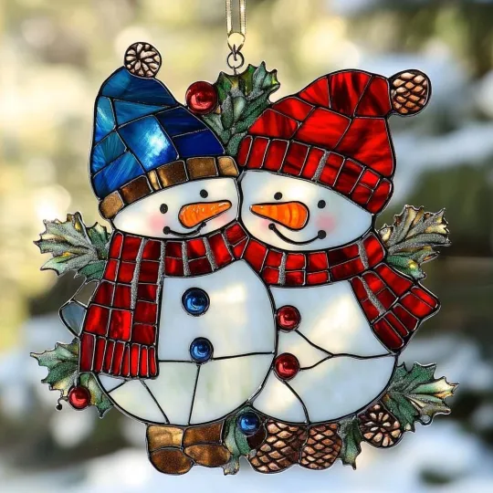 Discover Snowman Couple Acrylic Stained Glass Suncatcher Christmas Window Hanging