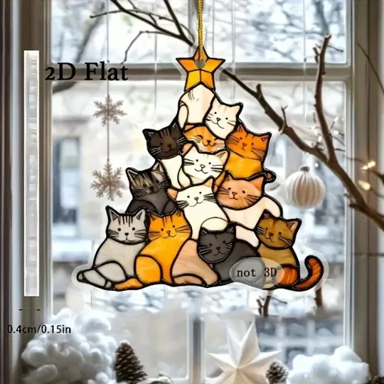 Discover Cat Christmas Tree Suncatcher Ornament with Stained Glass Effect, Cute and Funny Home Decor