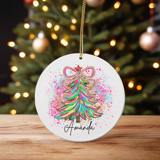 Discover Watercolor Christmas Tree Ceramic Ornament, Pink Bow Decor
