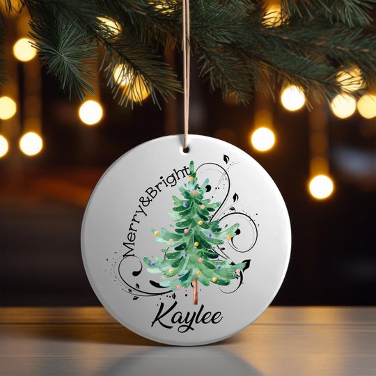 Discover Personalized Christmas Tree Ornament, Merry and Bright Ceramic Gift