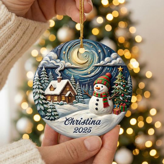 Discover Personalized Snowman Ceramic Ornament 2025, Christmas Keepsake, Christmas Ornament Gift, Faux 3D Effect, Round Xmas Family Tree Decoration