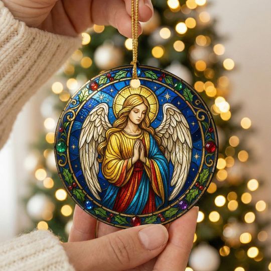 Discover Stained Glass Style Angel Ornament 2025 | Religious Christian Keepsake Gift | Faux Glass Effect Round Ceramic Bauble Print | Church Decor