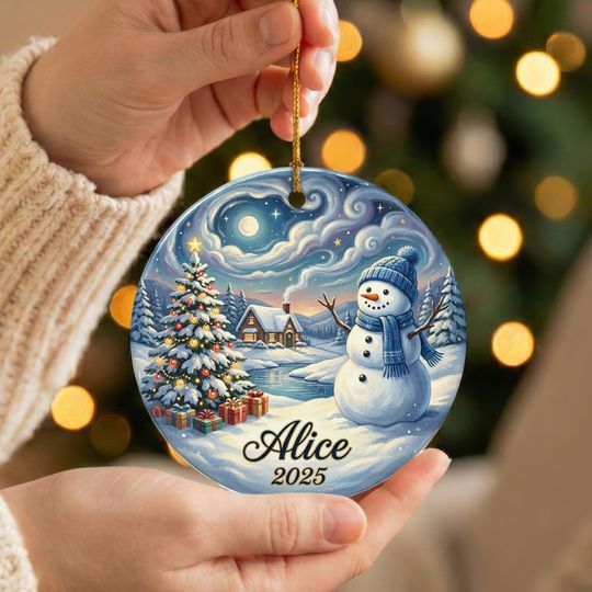 Discover Personalized Snowman Ceramic Ornament 2025 | Whimsical Storybook Illustration | Custom Name Baby First Christmas Gift | Winter Kids Bauble