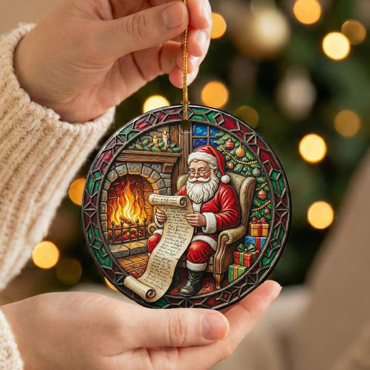 Vintage Santa Reading List Ceramic Ornament 2025, Naughty or Nice Scroll