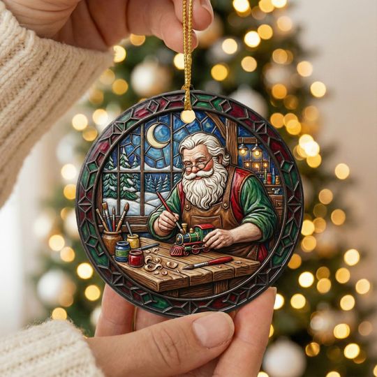 Discover Vintage Santa Claus Ornament 2025 | Old World St Nick by Tree | Faux 3D Wood Carving Effect | Traditional Fireplace Ceramic Bauble Print