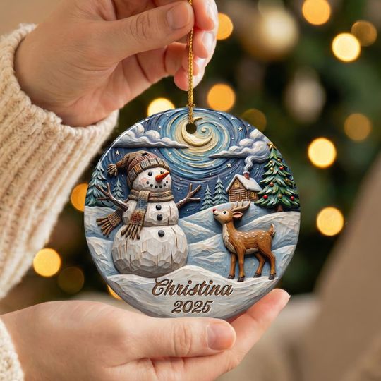 Discover Personalized Snowman Ceramic Ornament 2025 | Faux Wood Carving Effect | Custom Name Baby First Christmas Gift | Winter Kids Round Bauble