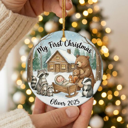 Discover Baby First Christmas Ornament 2025 | Woodland Animals Nativity Scene | Bear Raccoon Forest Friends | Custom Personalized Name Nursery Gift