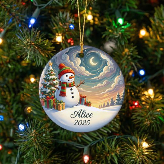 Discover Personalized Snowman Ceramic Ornament 2025 | Whimsical Storybook Illustration | Custom Name Baby First Christmas Gift | Winter Kids Bauble