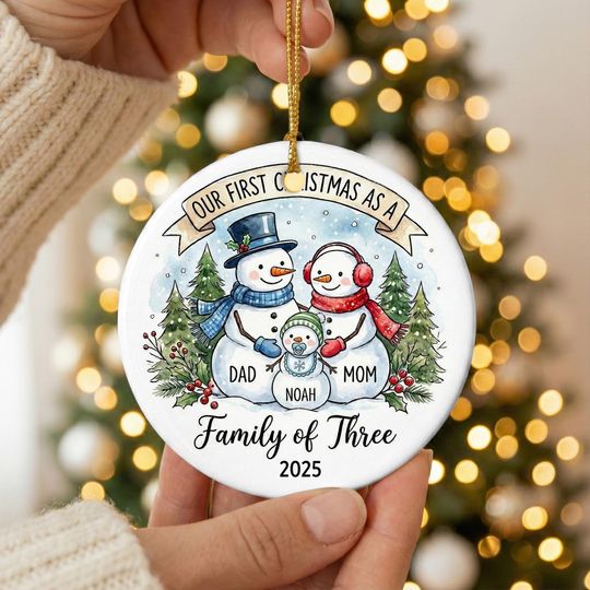 Discover Family of Three First Christmas Ornament 2025, Personalized Snowman Family, New Parents Ceramic Keepsake, Custom Name Baby Boy Son Gift