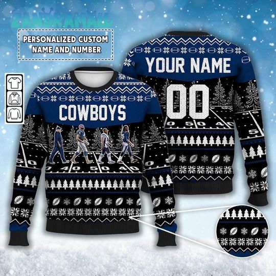 Custom Dallas Walking Abbey Road Ugly Christmas Sweater Football , McCarthy, Prescott, Micah Parsons, CeeDee Lamb, Dallas