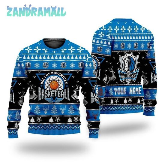 Discover Personalized Dallas Mavericks Basketball Ugly Sweater Christmas, Custom Basketball Unisex Shirt Gift For Mavericks Fan
