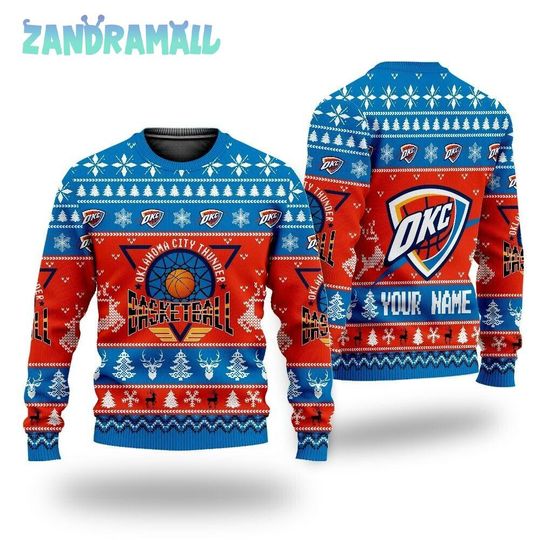 Personalized Oklahoma City Basketball Ugly Sweater Christmas, Custom Basketball Unisex Shirt Gift For Thunder Fan