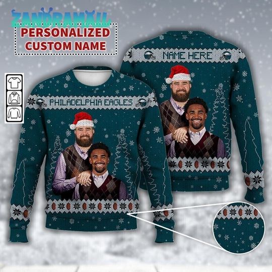 Jason Kelce Jalen Hurts Philadelphia Football Ugly Christmas Sweater, The Bros Funny Christmas , Football Christmas