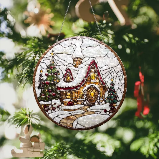 Discover Winter Cabin Faux Stained Acrylic Suncatcher for Christmas Window Decoration