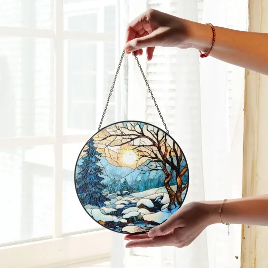 Discover Winter Stained Glass SunCatcher Window Hanging Snow Home Decor