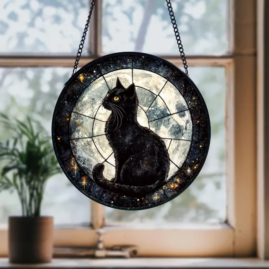 Discover Black Cat with Moon Stained Glass Suncatcher, Cat Window Hanging Ornament