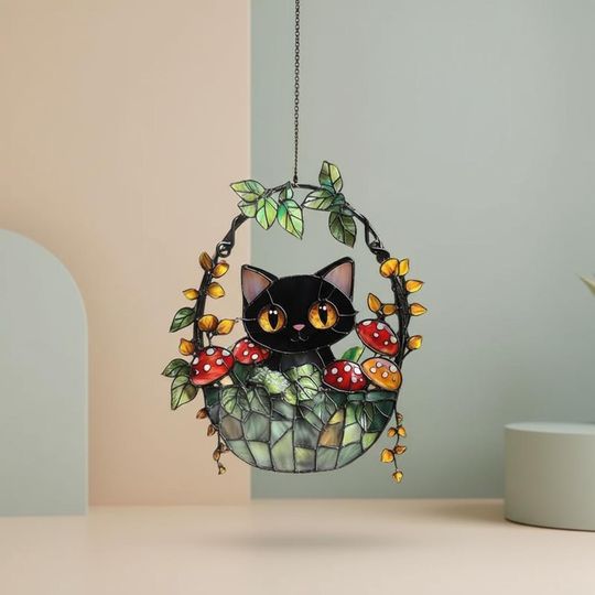 Discover Black Cat with Mushrooms Resin Suncatcher Faux Stained Glass Window Hanging Whimsical Garden Decor