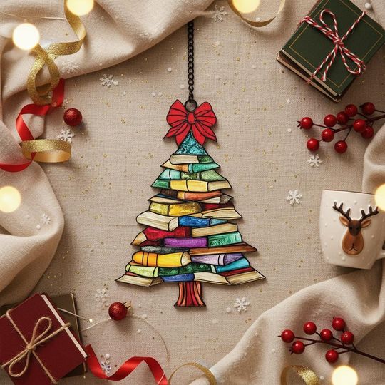 Discover Christmas Bookshelf Tree Resin Suncatcher Holiday Book Lover's Window Hanging Literary Christmas Decor