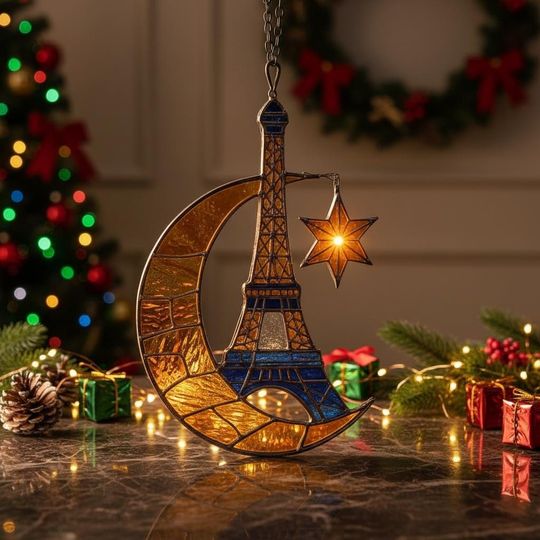 Discover Eiffel Tower Faux Stained Glass Suncatcher, Paris Moon Window Hanging, Crescent Moon & Star Decor
