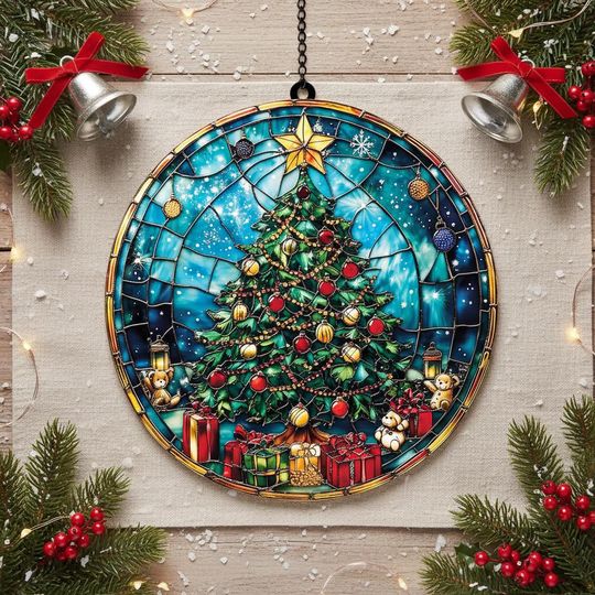 Discover Christmas Tree Resin Suncatcher Faux Stained Glass Window Hanging Home Decor