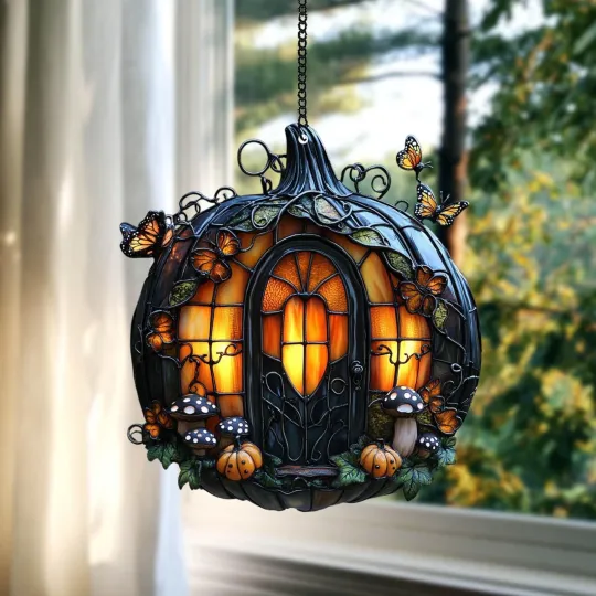 Discover Fairy House Pumpkin Acrylic Suncatcher Faux Stained Glass Window Hanging