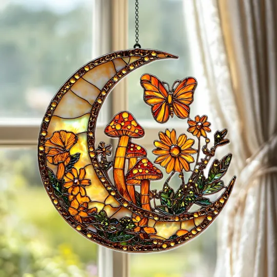 Discover Crescent Moon Mushroom Acrylic Suncatcher Faux Stained Glass Window Hanging