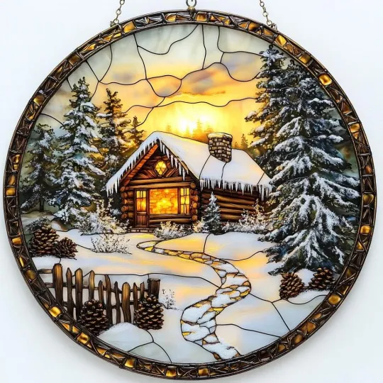 Discover Winter Cabin Faux Stained Acrylic Suncatcher for Home Decor