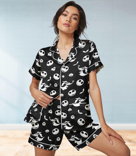 Discover Jack Skellington Satin Short Set, Disney Movie Bridesmaid Pajamas, Sleepwear For Women, Nightmare Before Christmas Short Satin Pajamas