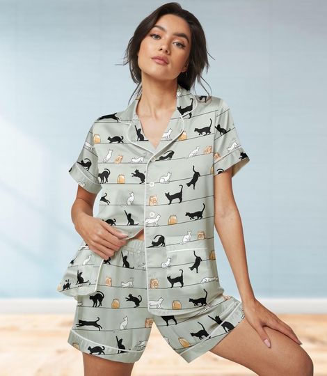 Discover Cute Cats Short Satin Pajamas, Cat Lover Short Sleeve Pajamas, Pet Love Satin Pajamas Set, Kitty Cat Bridal Party Pajamas, Gift For Her