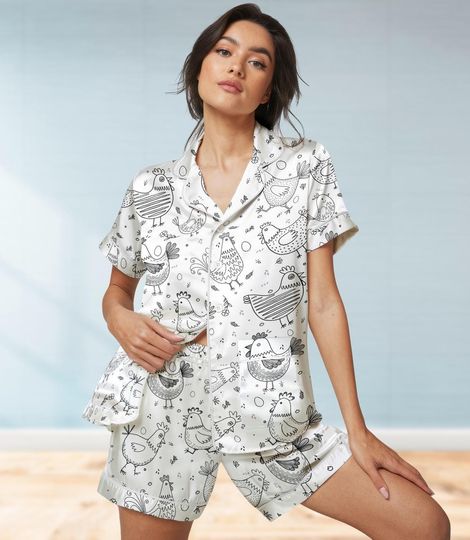 Chicken Pajamas Set, Bridesmaid Pajamas, Sleepwear For Women, Animal Satin Pajama, Animal Shirt, Farmer Lover Gift, Farm Life Shirt